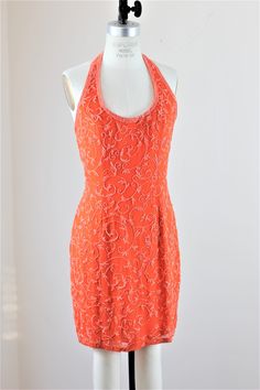 "Party time!! Can you wear orange?? Not all people can..but those who can..should!! This is a beautiful tangerine dress...with a halter top, absolutely darling!! Excellent condition Measuring: 35\" length Bust: 36\" Waist: 28\" Hip: 38\" Pet Free/smoke free Enjoy!" Tangerine Dress, Halter Party Dress, Sequin Beading, Sequin Dress, Halter Top, Party Time, Party Dress, Summer Dresses, Silk