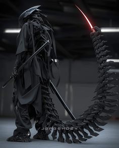 a man with a light saber standing in front of a spiral of black spikes on the floor