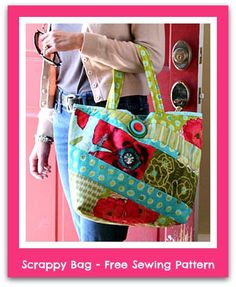 a woman carrying a colorful handbag standing in front of a red door