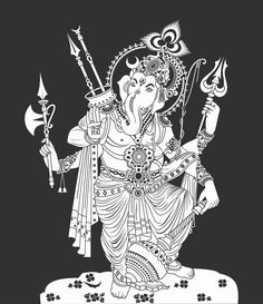 the god ganesha is depicted in this black and white drawing