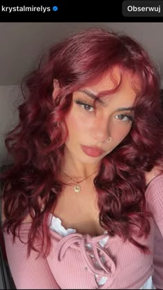 Raspberry Curly Hair, Bright Red Hair Outfits, Hair Dye For Warm Skin Tones, Wavy Red Hair Dyed, Strawberry Shortcake Hair Color, Red Dyed Curly Hair, 2 Color Hair Dye Ideas, Cherry Red Hair Curly, Bright Red Curly Hair