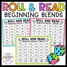 roll and read beginning blends game with dices on the side, in front of it