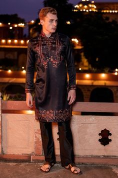 Black kurta with abstract floral print. Paired with matching aligadi pant. - Aza Fashions Black Sets With Printed Motifs For Festivals, Festive Black Sets With Printed Motifs, Black Salwar Kameez With Printed Motifs For Festivals, Festival Salwar Kameez With Printed Motifs In Black, Festival Salwar Kameez In Black With Printed Motifs, Black Traditional Wear With Printed Motifs, Black Bollywood Traditional Wear With Printed Motifs, Black Churidar With Printed Motifs For Eid, Black Traditional Wear With Printed Motifs For Festivals