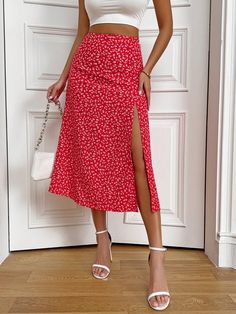 Rojo Bohemio Collar  Tela Plantas,floral de margarita,Estampado Integral Abertura Embellished Elástico Ligero Primavera/Verano Pu Skirt, Pu Leather Skirt, Tweed Skirt, Fashion Gallery, Body Con Skirt, Summer Skirts, Shoulder Crop Top, Shein Style, Knit Skirt