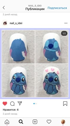 Stitch Nails Step By Step, Manicure Stitch, Nail Art Characters, Cartoon Nails Disney, Nail Art Stitch, Character Nail Art Step By Step, Stitch Nail Designs, Nail Art Character, Lilo And Stitch Nails