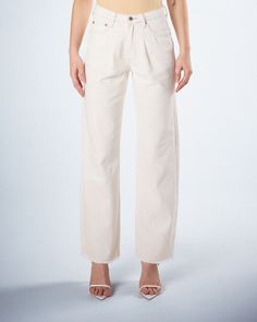 When in doubt, wear denim 🤍 These white wide-leg jeans are complete with a mid-rise relaxed fit, and pleating detail on the front for a casual look that can be dressed up or down. Versatility at its finest 😙 Classic High-rise Spring Wide Leg Pants, Classic Cream Jeans For Spring, Classic High-rise Wide Leg Pants For Spring, Classic High Rise Wide Leg Pants For Spring, Classic Cream Wide Leg Jeans, Classic Wide-leg Spring Jeans, Classic Wide-leg Jeans For Spring, Classic Spring Wide-leg Jeans, Spring Classic Wide-leg Jeans