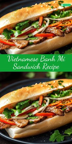 vietnamese banh mi sandwich recipe with meat and veggies in bun on black plate