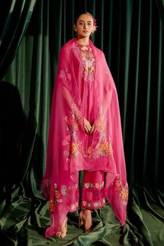 Fuchsia pink chanderi kurta with 3D floral applique, beads, threads and cutwork embroidery. Paired with coordinating pant. - Aza Fashions Silk Traditional Wear With Dori Work In Pink, Pink Silk Traditional Wear With Dori Work, Pink Georgette Palazzo Set With Sheer Dupatta, Pink Silk Sets With Dori Work, Pink Tissue Silk Salwar Kameez With Resham Embroidery, Designer Pink Kurta With Dori Work, Pink Dori Work Kurta For Designer Wear, Pink Organza Kurta With Traditional Drape, Diwali Pink Palazzo Set With Dori Work