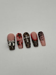 Red Leopard print, Y2K style press on nails.  12 different shapes and lengths to choose from.  11 base colours.  Can be made without charms, leave a note in personalisation box.  DISCLAIMER! All nails are hand painted so designs and colours may differ from photos. Red And Leopard Nails Animal Prints, Nails 2022 Leopard Print, Cheetah Print Nails Y2k, Red And Leopard Print Nails, Y2k Nails Red, Gold Leopard Nails, Pink Camo Nails, Aw Outfits, Leopard Y2k