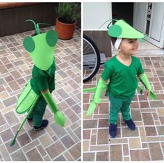 two pictures of a little boy dressed up as a green bug and wearing a paper hat