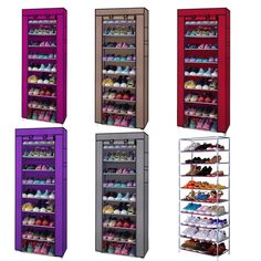 four rows of shoes are shown in different colors and sizes, including pink, purple, blue, red