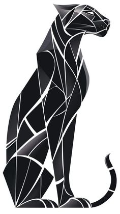 a black and white drawing of a cat with geometric lines on it's body