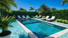 an outdoor swimming pool with lounge chairs and palm trees