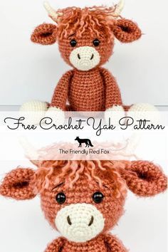 two crocheted stuffed animals sitting next to each other with the words free crochet yak pattern on them