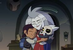 two cartoon characters hugging each other in front of a door with an evil looking demon on it