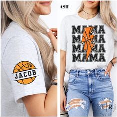 Cheer on your favorite player in style with this eye-catching Sports Mom T-shirt! Perfect for basketball events and showing mama pride, this shirt makes an excellent Mother's Day gift or a fun addition to any casual wardrobe. Customize it with a name to make it extra special. The vibrant design, comfortable fit, and durable fabric ensure you'll look great both on and off the court. Product Features: Fabrication: 100% Airlume combed and ring-spun cotton, 32 single 4.2 oz. (Ash - 99% Airlume combe Momma Shirts, Basketball Mom Shirts, Mama Tshirts, Personalized Basketball, Mom Tshirt, Mom Era, Custom Basketball, Basketball Mom, Kids Names