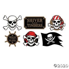 four pirate themed stickers are shown on a white background, including one skull and the other