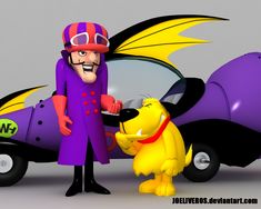 a cartoon character and his dog are talking to each other in front of a car