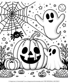 halloween coloring pages for adults and children with pumpkins, ghost and spider on the web