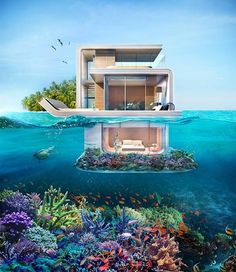 an image of a house in the middle of water with words above it that read modern house design