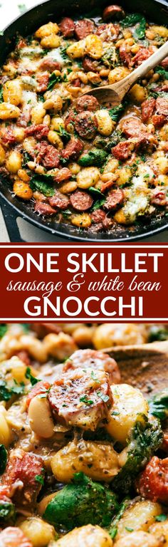 one skillet sausage and white bean gnocchi with spinach in a pan