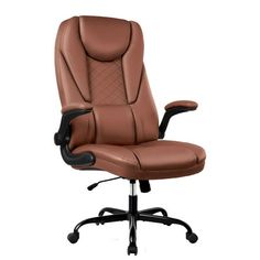 a brown leather office chair with black base and armrests on an isolated white background