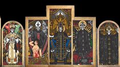 an image of art deco artwork in the style of stained glass panels with skulls and skeletons on them