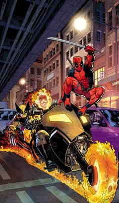 deadpool riding on the back of a motorcycle with flames coming out of its tires