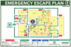 the emergency escape plan is shown in green and red, with instructions for each area