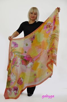 Hand painted silk Shawl/Painting silk shawl/Orange by GABYGA Flower Soft, Painted Silk, Silk Shawl, Hand Painted Silk, Luxury Silk, Silk Painting, Exotic Flowers, Orange Flowers, Luxury Accessories