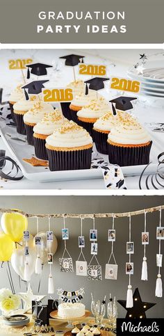 graduation decorations and cupcakes are on display at the end of a celebration party