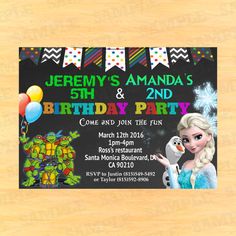 frozen princess and the frog birthday party card with balloons, streamers and streamers