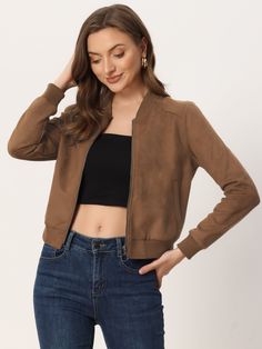 Shop Allegra K for faux suede crop stand collar zip up biker moto bomber jackets you are looking for, get more women's jackets for yourelf. Order now! Free Returns! Faux Suede Fabric, Women's Jackets, Basic Shirts, Bomber Jackets, Winter Looks, Look Cool, Stand Collar, Faux Suede, Casual Fashion