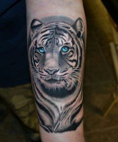 a white tiger with blue eyes on the arm