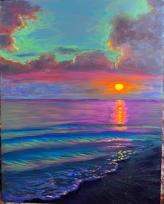 an oil painting of the sun setting over the ocean