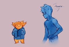 a drawing of a man with an orange cat on his back and another person in blue standing next to him