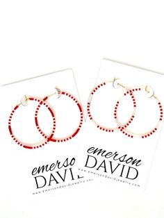 Show your spirit for your favorite team with our handcrafted, lightweight earrings featuring Miyuki Delica seed beads, hand strung onto gold plated, hypoallergenic, tarnish resistant stainless steel hoops or unplated hypoallergenic, tarnish resistant stainless steel hoops. Available in two sizes and two color options.   Please indicate in order comments:  Red w/white  OR  White w/red 40mm = 1.57 inches 35mm = 1.38 inches Gift Heishi Beads Round Hoop Earrings, Heishi Beads Small Hoop Earrings As Gift, Gift Round Heishi Beads Hoop Earrings, Small Hoop Heishi Beads Earrings For Gift, Small Hoop Heishi Beaded Earrings As Gift, Gift Hoop Earrings With Heishi Beads, White Hoop Earrings With Tiny Beads, Round Heishi Beads Earrings Gift, Seed Bead Hoop Earrings