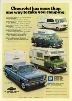 an advertisement for the chevrolet motorhome and camper sales brochure,