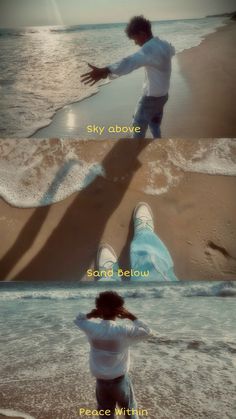 a man standing on top of a beach next to the ocean with his arms outstretched