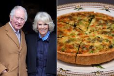 an older man and woman standing next to a cheese pizza on a white plate with green toppings