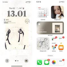 an iphone screen with various stickers and pictures on the back, including a calendar