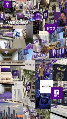 the collage shows many different images of people in purple and black outfits, with words above them that read dream college