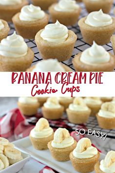 banana cream pie cookie cups on a cooling rack with the words, banana cream pie cookie cups so easy