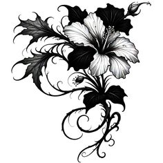 a black and white flower with swirls on the petals is shown in this tattoo design