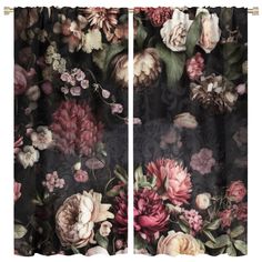 the curtains are decorated with flowers and leaves