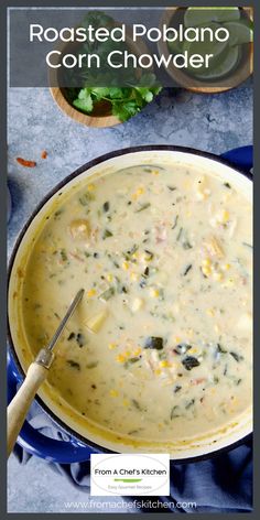 a blue pot filled with corn chowder next to a wooden spoon