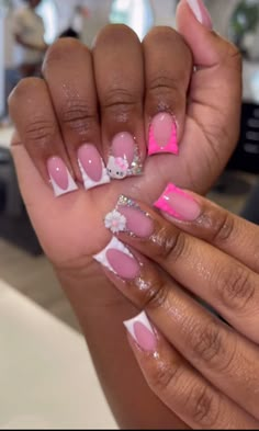 Short Nails With Hello Kitty Charm, Baddie Shorties Acrylic Nails, Short Pink Nails With Gems, Nails With A Lot Of Charms, Pink And White Short Nails, Mini Duck Nails, Birthday Nail Art Designs, Pink Duck Nails, Duck Nails Acrylic