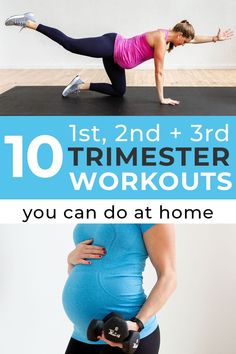 a pregnant woman doing exercises with dumbbells on her belly and the words, 1st, 2nd, 3rd trimester workouts you can do at home