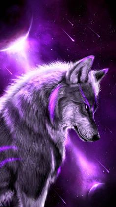 a wolf standing in front of a star filled sky with purple light and stars around it