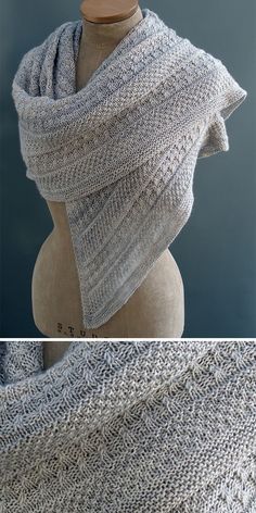 two pictures of a knitted shawl on a mannequin